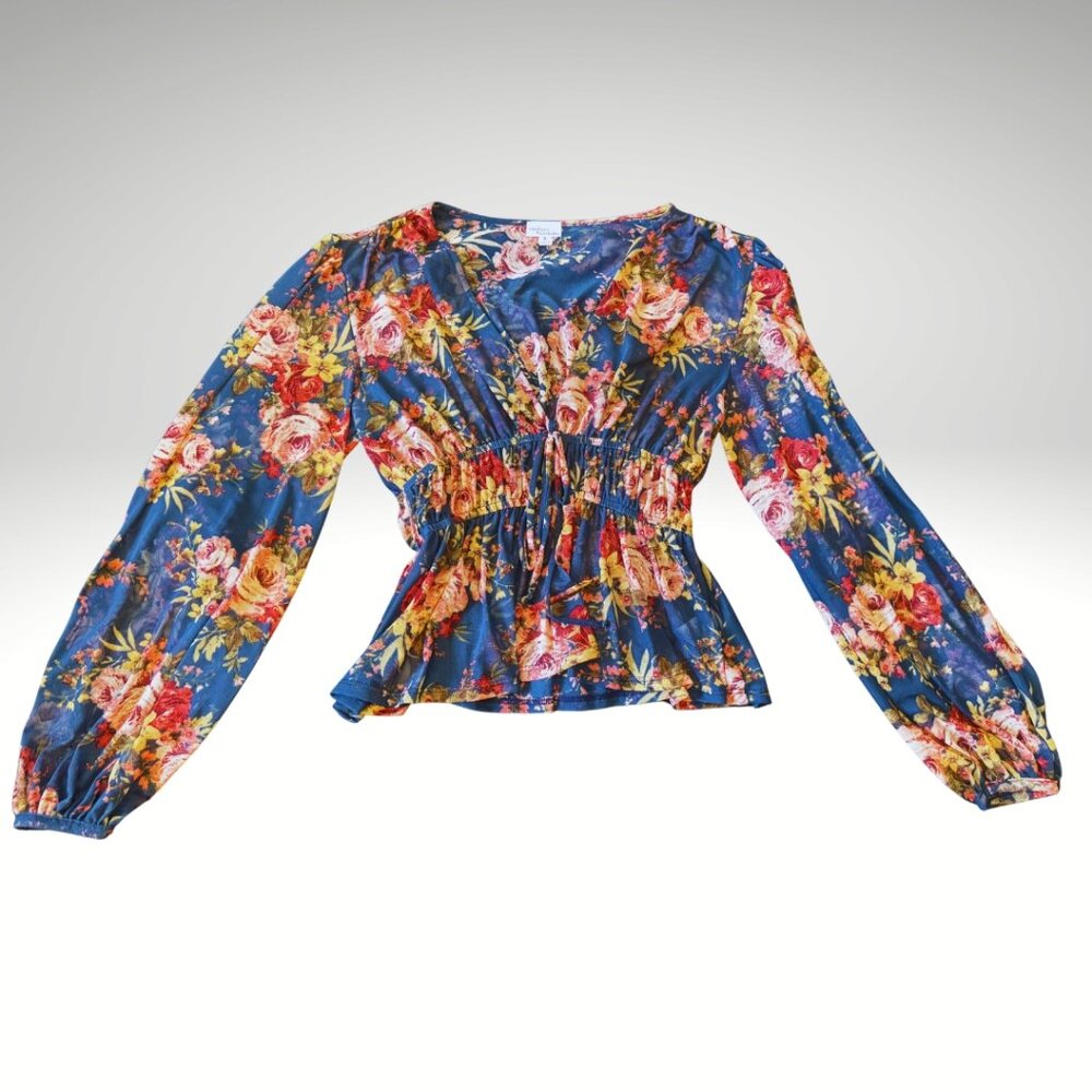 Madison & Berkeley Navy Floral Mesh V-Neck Blouse Lightweight Boho Top